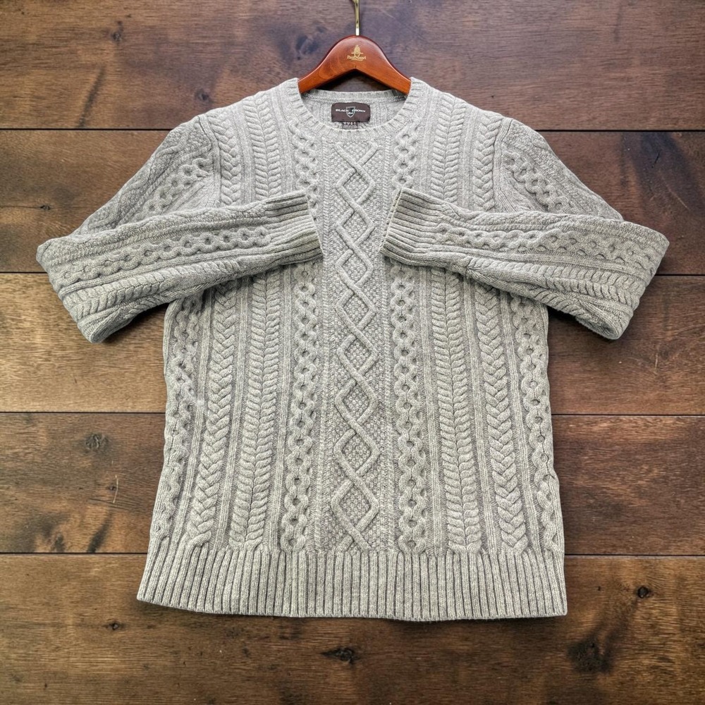 Black Brown Mens Grey Lambswool Aran Cable Knit Fisherman Crewneck Sweater M